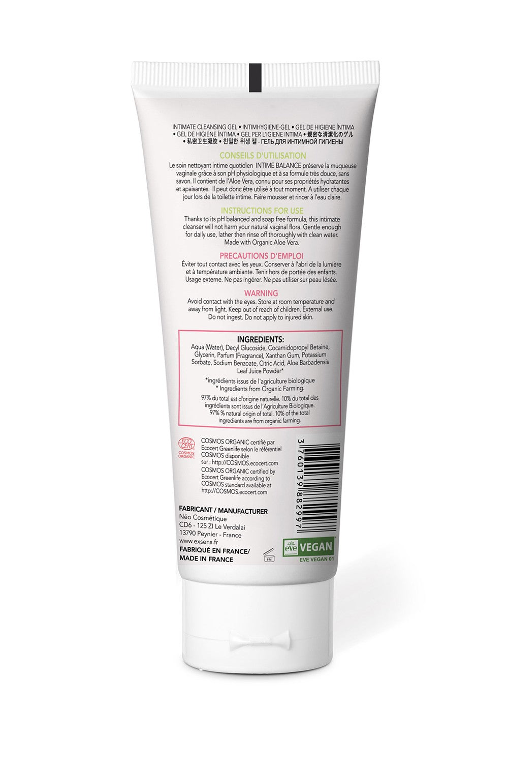 Gel nettoyant intime à l'aloe vera organique 100ml Intime Balance